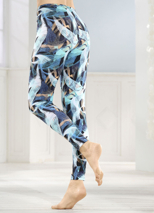 SALE % - Zweierpack Leggings mit Dehnbund, in Größe 038 bis 054, in Farbe 1X SCHWARZ-TÜRKIS-BUNT BEDRUCKT, 1X SCHWARZ