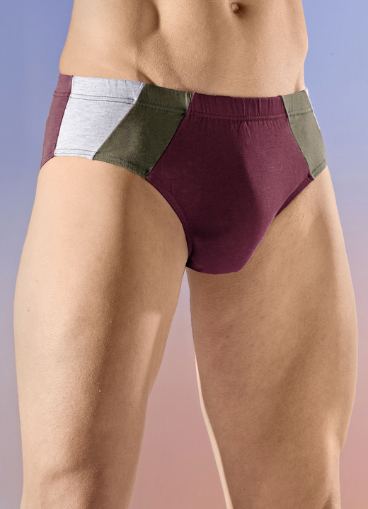 Slips & Unterhosen - Viererpack Slips mit farbigen Einsätzen, in Größe 004 bis 010, in Farbe 2X OLIV-BORDEAUX-GRAU MELIERT, 2X BORDEAUX-OLIV-GR Ansicht 2