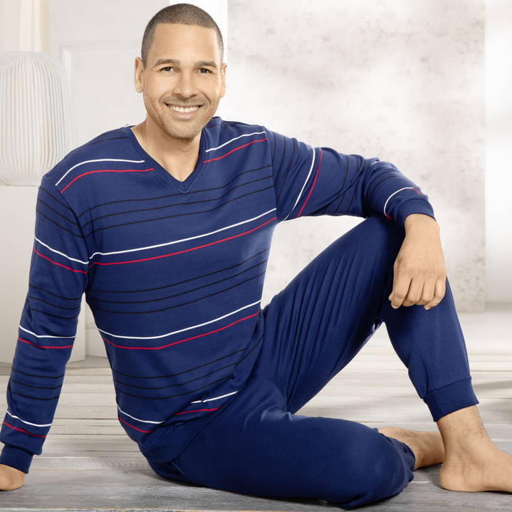 Schlafanzüge - Interlock-Schlafanzug mit V-Ausschnitt und Bündchenabschlüssen, in Größe 046 bis 062, in Farbe MARINE-ROT-WEISS Ansicht 3