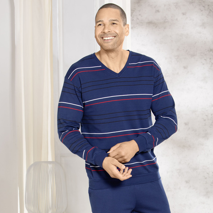 Schlafanzüge - Interlock-Schlafanzug mit V-Ausschnitt und Bündchenabschlüssen, in Größe 046 bis 062, in Farbe MARINE-ROT-WEISS Ansicht 2