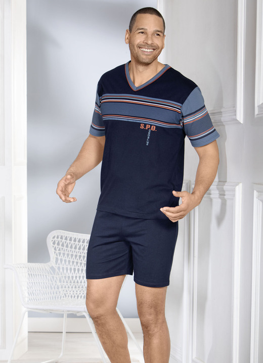 Shortys - Zweierpack Shortys mit V-Ausschnitt und platziertem Druck, in Größe 046 bis 064, in Farbe 1X MARINE, 1X JEANSBLAU Ansicht 2