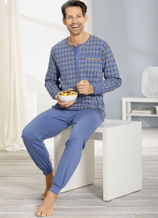Schlafanzüge - Schlafanzug mit Knopfleiste und Bündchenabschlüssen, in Größe 046 bis 066, in Farbe JEANSBLAU-GELB – Farbe JEANSBLAU-GELB – Ansicht 