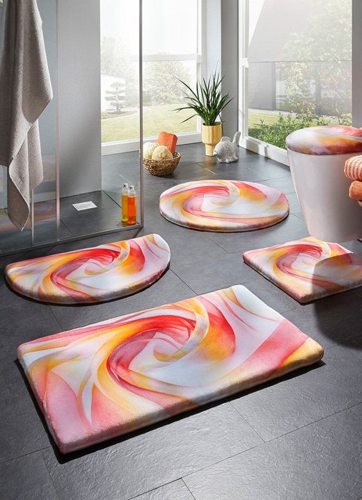Badgarnituren - Traumhaft weiche, bedruckte Badvorleger, in Größe 100 (Vorleger halbrund, 50/ 80 cm) bis 112 (Motiv-WC-Deckelbezug, 47/ 50 cm), in Farbe ROT-GELB Ansicht 4