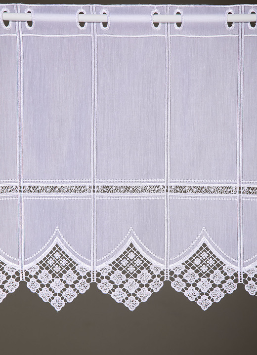 Kurzgardinen - Kurzstore mit edler Macramé-Spitze und Stangendurchzug, in Größe 661 (H30xB 90 cm) bis 861 (H60xB150 cm), in Farbe WEISS Ansicht 3