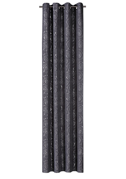Modern - Übergardine mit hübschem Rosen-Dessin, in Größe 365 (H145xB135 cm) bis 456 (H245xB135 cm), in Farbe GRAU-SILBER, in Ausführung mit Ösen Ansicht 1