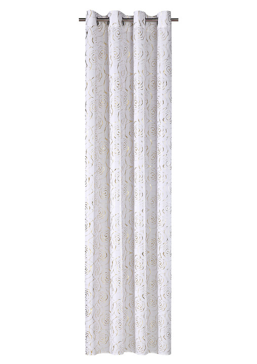 Modern - Übergardine mit hübschem Rosen-Dessin, in Größe 365 (H145xB135 cm) bis 456 (H245xB135 cm), in Farbe WEISS-GOLD, in Ausführung mit Universalschienenband Ansicht 4