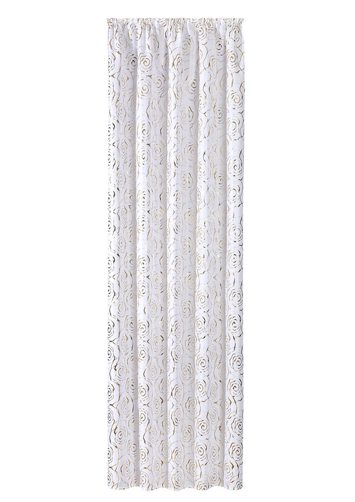 Modern - Übergardine mit hübschem Rosen-Dessin, in Größe 365 (H145xB135 cm) bis 456 (H245xB135 cm), in Farbe WEISS-GOLD, in Ausführung mit Universalschienenband Ansicht 1