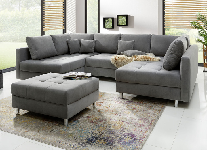 Wohnen - Polstermöbel mit Hocker und Kissen, in Farbe GRAU, in Ausführung Polsterecke mit Hocker, 217x188 cm Ansicht 1