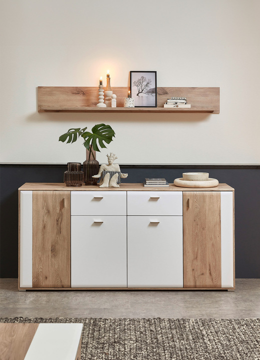 - Moderne Wohnzimmermöbeln, in Farbe WEISS MATT - EICHE, in Ausführung Sideboard Ansicht 1