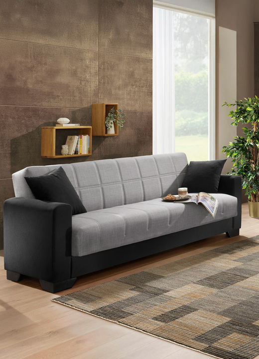 Polstergruppen - Moderne Polstermöbel mit Bonnellfederkern, in Farbe SCHWARZ-SILBER, in Ausführung 1 Dreisitzer + 2 Sessel Ansicht 1