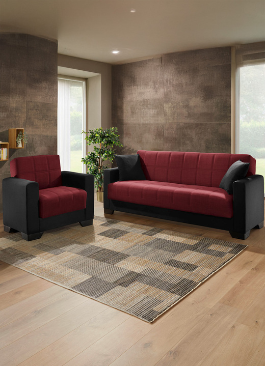 Polstergruppen - Moderne Polstermöbel , in Farbe SCHW.-BORDEAUX, in Ausführung 1 Dreisitzer + 2 Sessel Ansicht 4