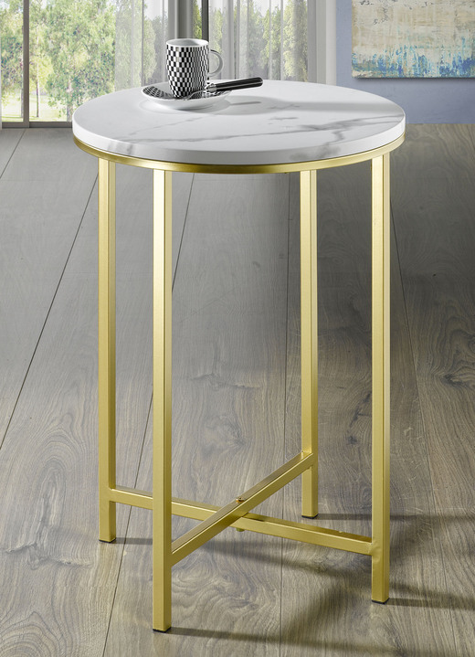 Beistelltische - Beistelltische aus goldfarben lackiertem Stahlrohr, in Farbe GOLD-MARMOROPTIK, in Ausführung rund Ansicht 1