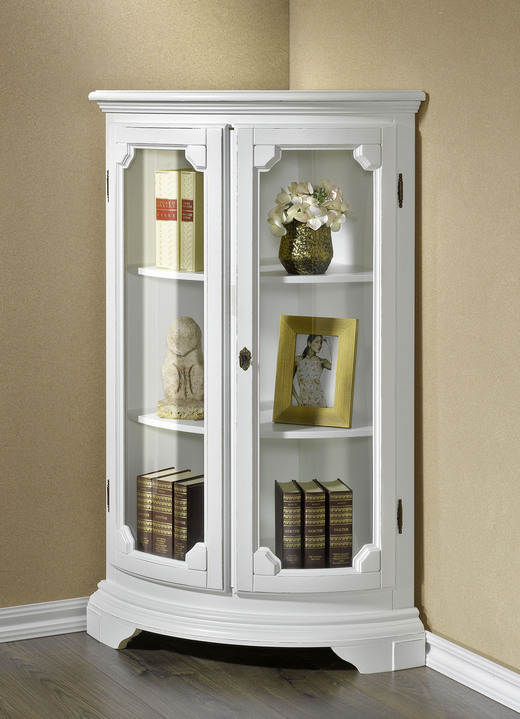 Vitrinen - Teilmassive Eckvitrine mit gebogenen Glastüren mit Schloss, in Farbe WEISS, in Ausführung klein, 1-türig Ansicht 2