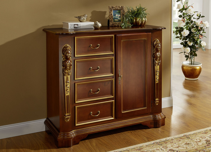 Kommoden - Italienische Kommodenserie mit reich verzierten Fronten, in Farbe NUSSBAUM-GOLD, in Ausführung Schubladenkommode Ansicht 1