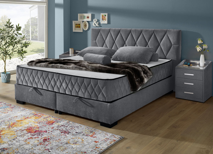 Boxspringbetten - Boxspringbett mit Wendematratze und Bettkasten, in Farbe ANTHRAZIT, in Ausführung Kopfteil mit Rautensteppung Ansicht 1