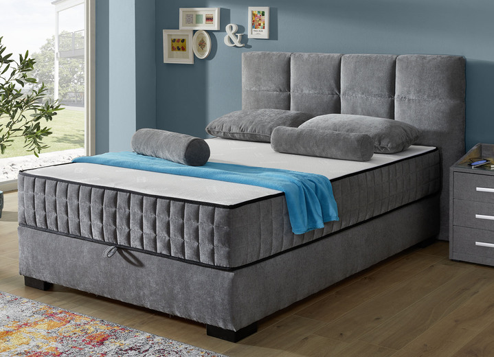 Boxspringbetten - Boxspringbett mit Wendematratze und Bettkasten, in Farbe ANTHRAZIT, in Ausführung Kopfteil mit Rechtecksteppung Ansicht 1