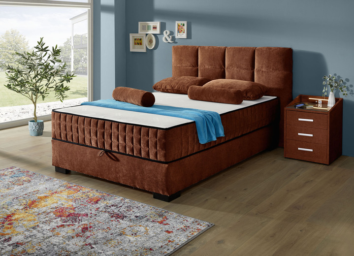 Wohnen - Boxspringbett mit Wendematratze und Bettkasten, in Farbe COGNAC, in Ausführung Kopfteil mit Rechtecksteppung Ansicht 1