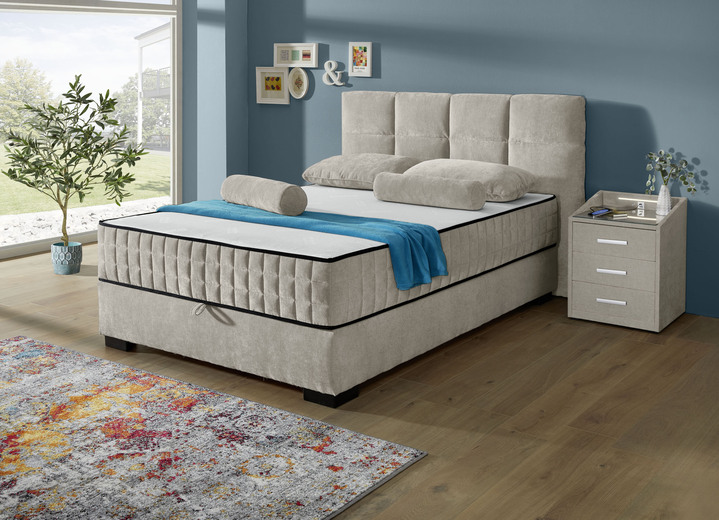 Boxspringbetten - Boxspringbett mit Wendematratze und Bettkasten, in Farbe SAND, in Ausführung Kopfteil mit Rechtecksteppung Ansicht 1
