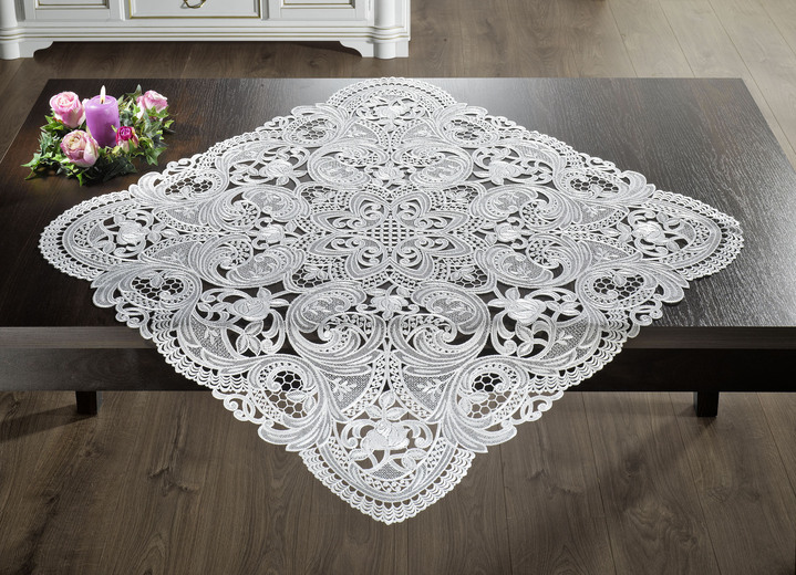 Tischdecken - Tisch- und Raumdekoration aus echter Plauener Spitze, in Größe 100 (Deckchen rund – Vollspitze, ø 20 cm) bis 195 (Läufer oval mit Stoffeinsatz, 45/ 80 cm), in Farbe WEISS Ansicht 1