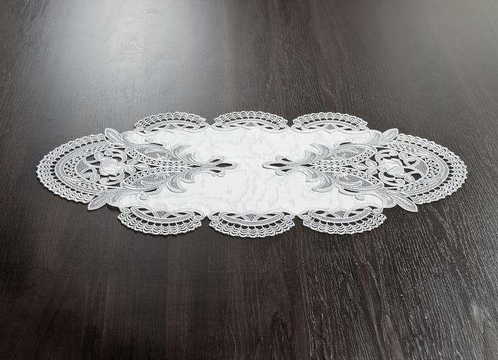Tischdecken - Tisch- und Raumdekoration aus echter Plauener Spitze, in Größe 100 (Deckchen rund – Vollspitze, ø 20 cm) bis 195 (Läufer oval mit Stoffeinsatz, 45/ 80 cm), in Farbe WEISS Ansicht 1
