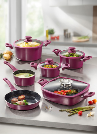 Töpfe & Pfannen - XXL-Topfset mit Antihaft-Keramikbeschichtung und Silikon-Glasdeckeln, in Farbe GRÜN – Farbe BEERE – Ansicht 