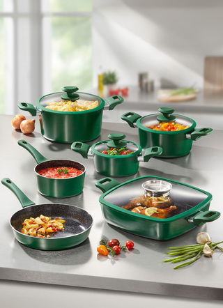 Töpfe & Pfannen - XXL-Topfset mit Antihaft-Keramikbeschichtung und Silikon-Glasdeckeln, in Farbe GRÜN – Farbe GRÜN – Ansicht 