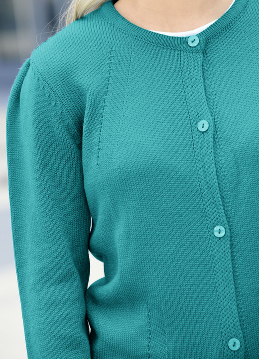 Basics - Strickjacke mit Raffungen, in Größe 036 bis 052, in Farbe PETROL Ansicht 3