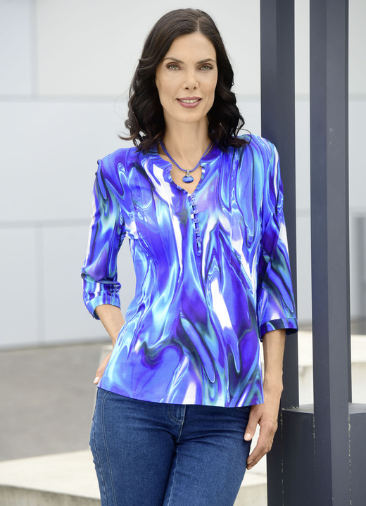 Tuniken - Shirt-Tunika mit attraktiver Biesenzier Tuniken - Shirt-Tunika mit attraktiver Biesenzier, in Größe 036 bis 054, in Farbe ROYALBLAU-WEISS-SMARAGDGRÜN-BUNT
