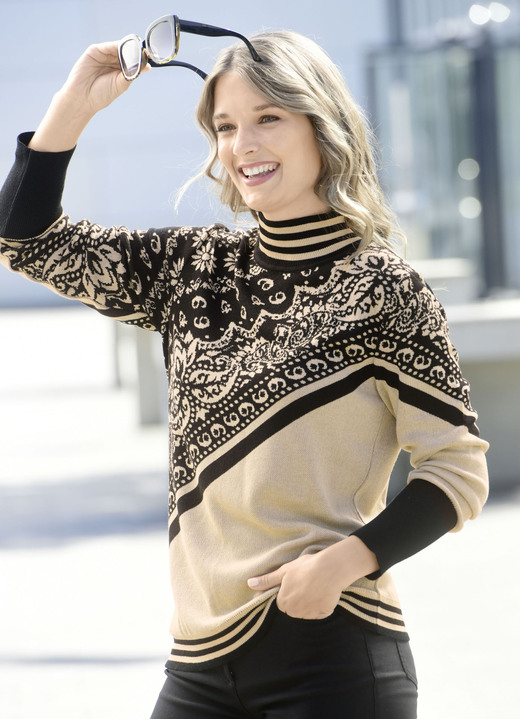 Langarm - Pullover in Jacquard-Dessin, in Größe 036 bis 052, in Farbe BEIGE-SCHWARZ Ansicht 3