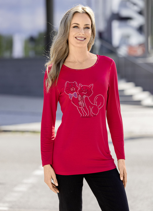 Langarm - Shirt mit Katzenmotiv , in Größe 040 bis 052, in Farbe ROT Ansicht 2