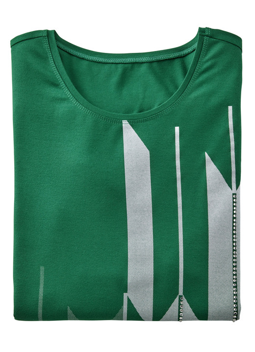 Kurzarm - Shirt mit bunter Strasszier im Vorderteil, in Größe 036 bis 052, in Farbe ORANGE-GELB Ansicht 2