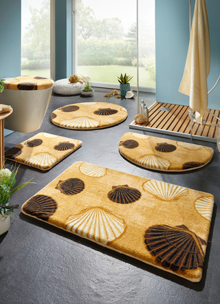 Badgarnituren - Badvorleger mit rutschhemmender Rückseite, in Größe 100 (Vorleger halbrund, 50/ 80 cm) bis 112 (Motiv-WC-Deckelbezug mit Kordel, 47/ 50 cm), in Farbe BLAU – Farbe GOLD – Ansicht 