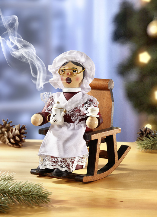 Weihnachtliche Dekorationen - Räucherfigur Oma im Schaukelstuhl, in Farbe WEISS-ROT