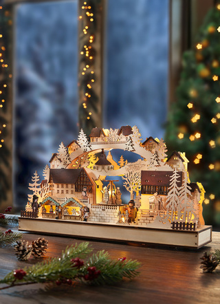 Weihnachtliche Dekorationen - Schwibbogen mit LED-Beleuchtung und Weihnachtsmusik, in Farbe NATUR-BRAUN