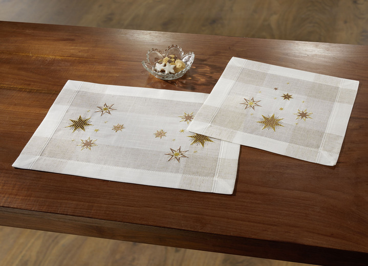 Tischdecken - Tisch- und Raumdekoration mit Sternendessin, in Größe 101 (Deckchen, 35/ 50 cm) bis 404 (Kissenbezug, 40/ 40 cm), in Farbe SEKT-GOLD Ansicht 1