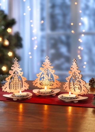 Weihnachtliche Geschenkideen - Teelichthalter aus Holz, 3er-Set, in Farbe NATUR