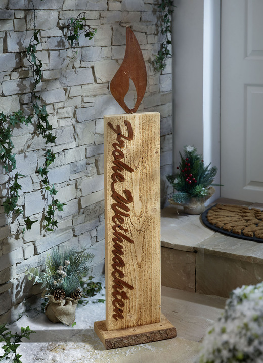 Winterlicher Garten - Kerze Frohe Weihnachten aus Fichtenholz und Stahlblech, in Farbe BRAUN