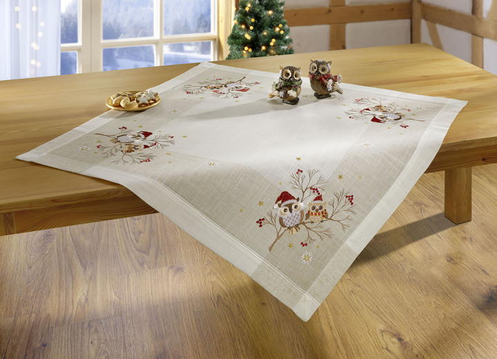 Tischdecken - Tisch- und Raumdekoration mit Eulen-Motiv, in Größe 101 (Deckchen, 35x 50 cm) bis 404 (Kissenbezug, 40x 40 cm), in Farbe SEKT-BUNT Ansicht 2