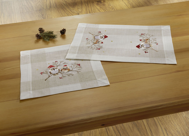 Tischdecken - Tisch- und Raumdekoration mit Eulen-Motiv, in Größe 101 (Deckchen, 35x 50 cm) bis 404 (Kissenbezug, 40x 40 cm), in Farbe SEKT-BUNT Ansicht 1
