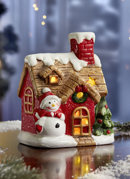 - Beleuchtetes Haus mit Schneemann, in Farbe ROT-WEISS