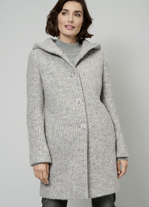 Lang - Longjacke mit fester Kapuze Ansicht 1 Lang - Longjacke mit fester Kapuze, in Größe 038 bis 052, in Farbe HELLGRAU-ECRU Ansicht 1