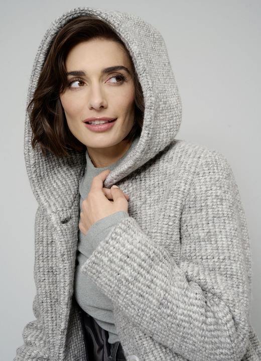 Lang - Longjacke mit fester Kapuze Ansicht 2 Lang - Longjacke mit fester Kapuze, in Größe 038 bis 052, in Farbe HELLGRAU-ECRU Ansicht 2