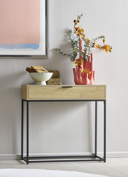 Beistelltische - Konsole mit pulverbeschichtetem Stahlrohr-Gestell, in Farbe EICHE-SCHWARZ, in Ausführung schmal Ansicht 2