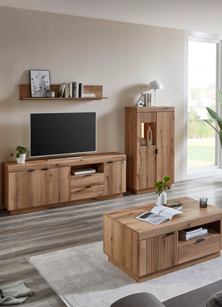 Wohnwände - Wohnwand, 4-teilig, mit LED-Beleuchtung und Softclose, in Farbe EICHE, in Ausführung Variante 2