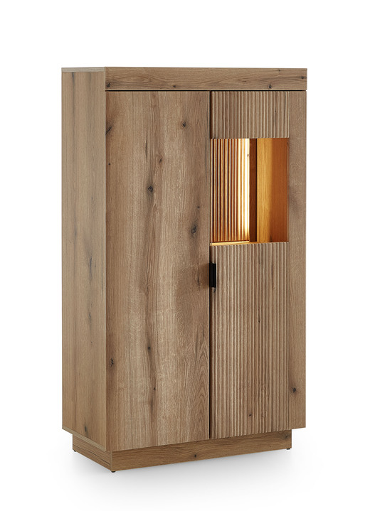 Vitrinen - Vitrine, 2-türig, mit LED-Beleuchtung und Softclose, in Farbe EICHE, in Ausführung Glas-Holztür rechts Ansicht 2