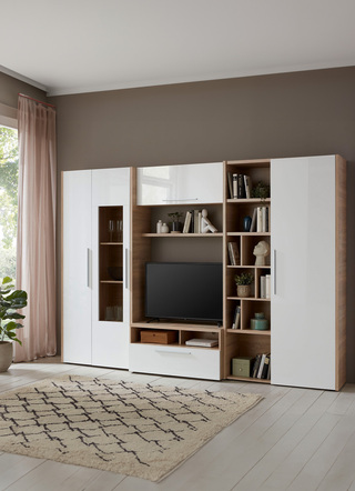 Wohnen - Moderne Wohnwand, in Farbe EICHE SONOMA - WEISS HOCHGLANZ – Farbe EICHE SONOMA - WEISS HOCHGLANZ – Ansicht 