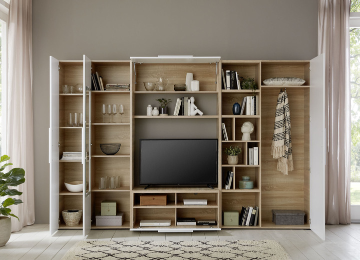 Wohnen - Moderne Wohnwand, in Farbe EICHE SONOMA - WEISS HOCHGLANZ Ansicht 2