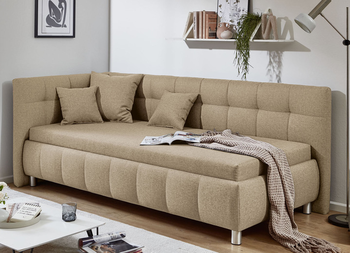 Schlafsofas - Studioliege mit Kissen und Bettkasten, in Farbe BEIGE, in Ausführung Kopfteil links, mit Federkern-Festpolsterung Ansicht 1