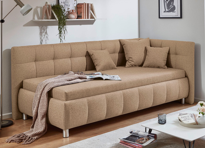 Schlafsofas - Studioliege mit Kissen und Bettkasten, in Farbe BEIGE, in Ausführung Kopfteil links, mit Federkern-Festpolsterung Ansicht 15