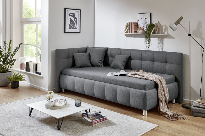 Schlafsofas - Studioliege mit Kissen und Bettkasten, in Farbe BEIGE, in Ausführung Kopfteil links, mit Federkern-Festpolsterung Ansicht 3